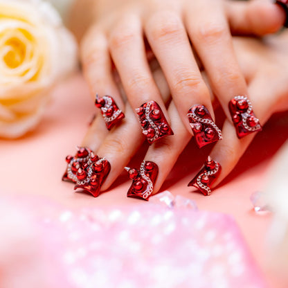 IntoVibes 10-Piece Luxury Acrylic Press-On Nails – Short Duck Shape, Red Gloss, Punk Rivets & Chains, Reusable