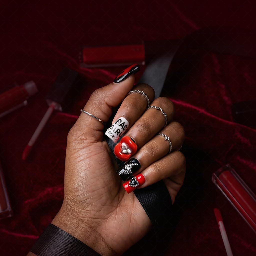 IntoVibes 10-Piece Luxury Acrylic Press On Nails – Short Duck Shape, Red Flames & Glitter Lips, Reusable Valentines Nails (L)