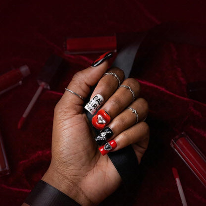 IntoVibes 10-Piece Luxury Acrylic Press On Nails – Short Duck Shape, Red Flames & Glitter Lips, Reusable Valentines Nails (L)