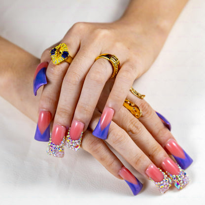 IntoVibes 10-Piece Handmade Luxury Purple Shimmer Duck-Shape Press On Nails with AB Crystal Shine