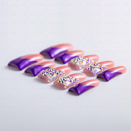 IntoVibes 10-Piece Handmade Luxury Purple Shimmer Press On Nails | AB Crystal Shine (M)