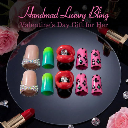 IntoVibes 10 Pcs Luxury Acrylic Press On Nails – Short Duck Shape, Leopard Print & 3D Lips