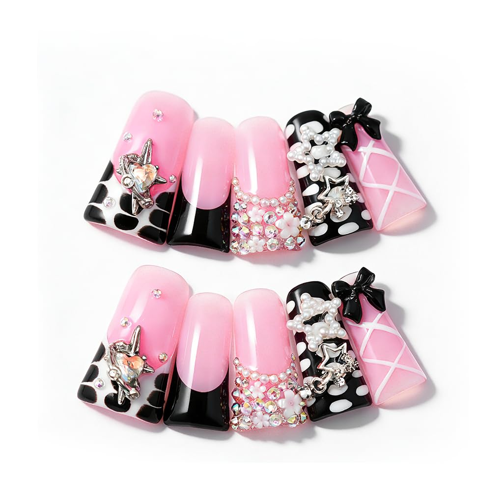IntoVibes 10-Piece Luxury Acrylic Press On Nails – Duck Shape, Black French, 3D Bowknot & Stars (L)