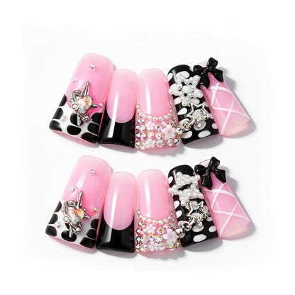 IntoVibes 10-Piece Luxury Acrylic Press On Nails – Duck Shape, Black French, 3D Bowknot & Stars (L)