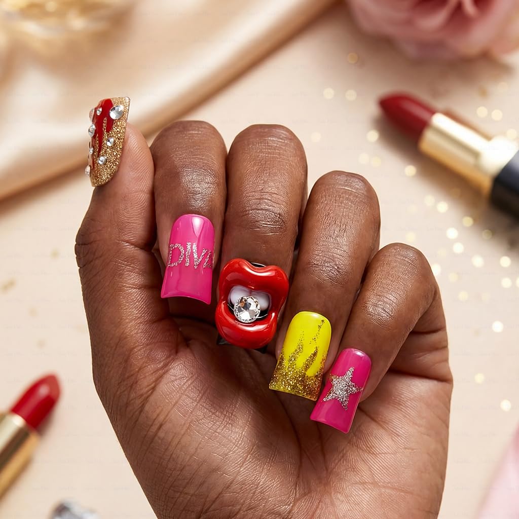 IntoVibes 10-Piece Luxury Acrylic Press-On Nails – Short Duck Shape, Pink, Rhinestones & 3D Lips, Reusable | Size L