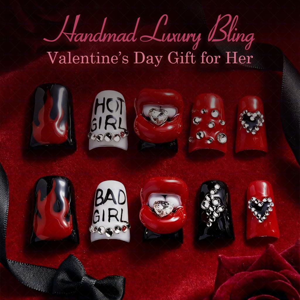 IntoVibes 10 Pcs Luxury Acrylic Press On Nails – Short Duck Shape, Red & Black Flames, Glitter Lips, Reusable Valentines Day Nails