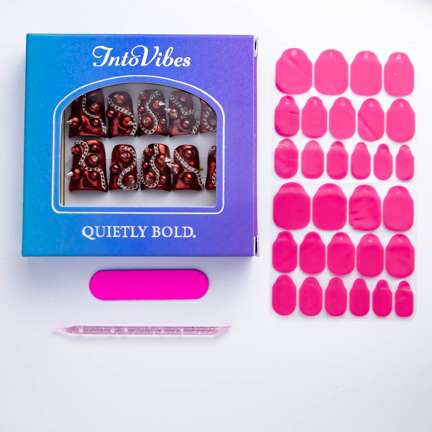 IntoVibes 10-Piece Luxury Acrylic Press-On Nails – Short Duck Shape, Red Gloss, Punk Rivets & Chains, Reusable
