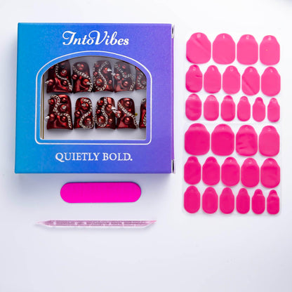 IntoVibes 10-Piece Luxury Acrylic Press-On Nails – Short Duck Shape, Red Gloss, Punk Rivets & Chains, Reusable
