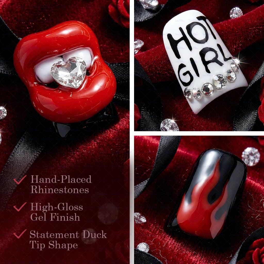IntoVibes 10 Pcs Luxury Acrylic Press On Nails – Short Duck Shape, Red & Black Flames, Glitter Lips, Reusable Valentines Day Nails