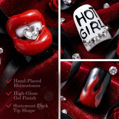 IntoVibes 10 Pcs Luxury Acrylic Press On Nails – Short Duck Shape, Red & Black Flames, Glitter Lips, Reusable Valentines Day Nails