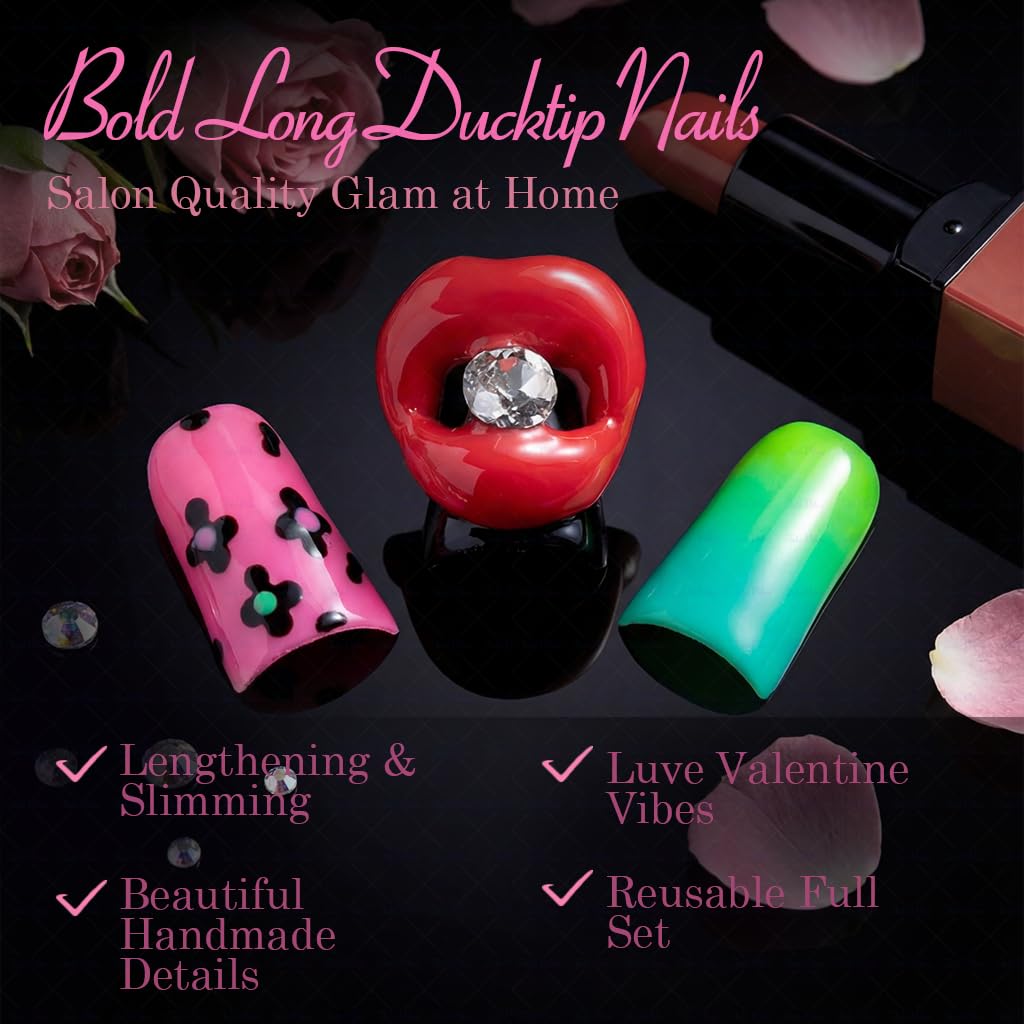 IntoVibes 10-Piece Luxury Duck-Shape Short Press-On Nails – Pink, Leopard Print & 3D Lips, Reusable