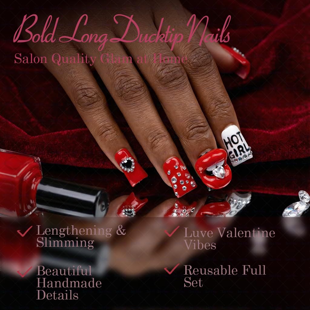 IntoVibes 10-Piece Luxury Acrylic Press On Nails – Short Duck Shape, Red Flames & Glitter Lips, Reusable Valentines Nails (L)