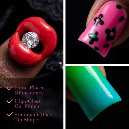 IntoVibes 10 Pcs Luxury Acrylic Press On Nails – Short Duck Shape, Leopard Print & 3D Lips