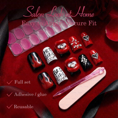 IntoVibes 10-Piece Luxury Acrylic Press On Nails – Short Duck Shape, Red Flames & Glitter Lips, Reusable Valentines Nails (L)
