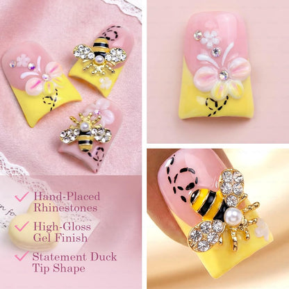 IntoVibes 10-Piece Luxury Acrylic Press On Nails - Short Duck Shape, Butter Yellow, Rhinestones & Floral Bee Charms (L)