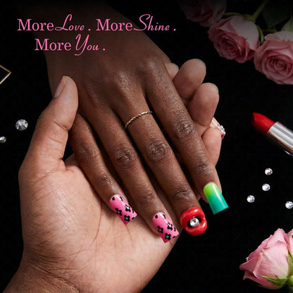 IntoVibes 10-Piece Luxury Duck-Shape Short Press-On Nails – Pink, Leopard Print & 3D Lips, Reusable