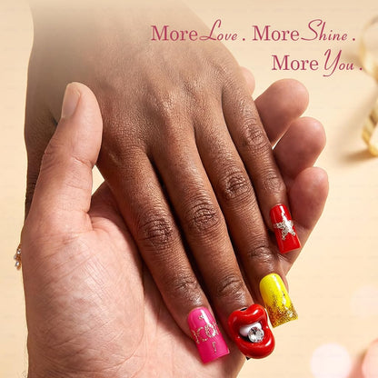 IntoVibes 10-Piece Luxury Acrylic Press-On Nails – Short Duck Shape, Pink, Rhinestones & 3D Lips, Reusable | Size L