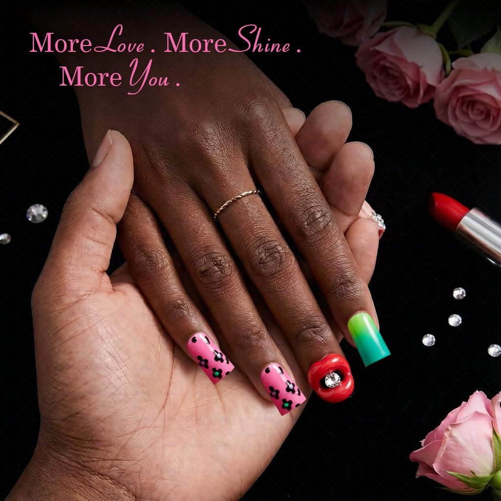 IntoVibes 10 Pcs Luxury Acrylic Press On Nails – Short Duck Shape, Leopard Print & 3D Lips