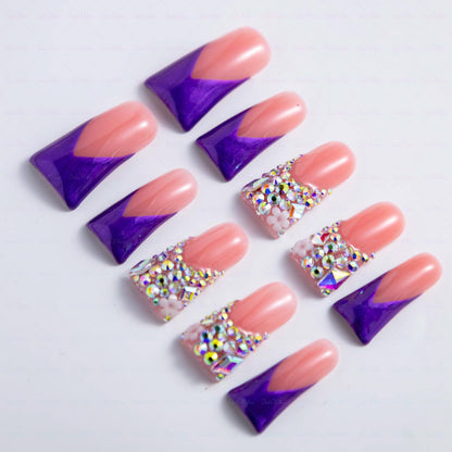 IntoVibes 10-Piece Handmade Luxury Purple Shimmer Press On Nails | AB Crystal Shine (M)