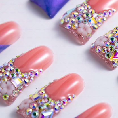 IntoVibes 10-Piece Handmade Luxury Purple Shimmer Duck-Shape Press On Nails with AB Crystal Shine