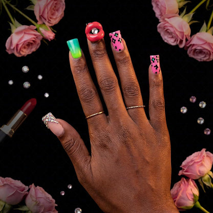 IntoVibes 10 Pcs Luxury Acrylic Press On Nails – Short Duck Shape, Leopard Print & 3D Lips