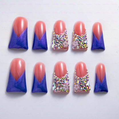 IntoVibes 10-Piece Handmade Luxury Purple Shimmer Duck-Shape Press On Nails with AB Crystal Shine