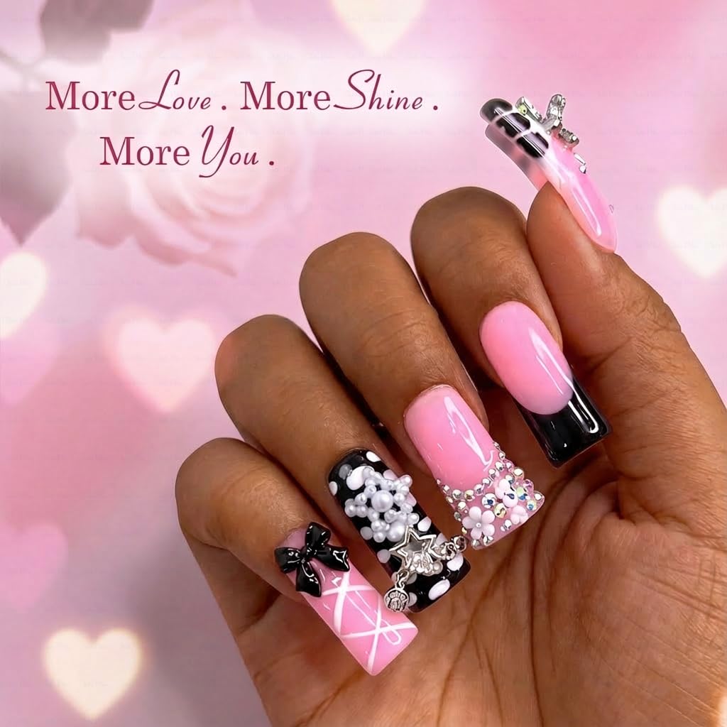 IntoVibes 10-Piece Luxury Acrylic Press On Nails – Duck Shape, Black French, 3D Bowknot & Stars (L)