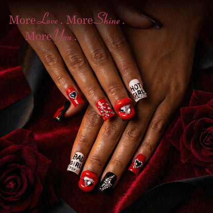 IntoVibes 10-Piece Luxury Acrylic Press On Nails – Short Duck Shape, Red Flames & Glitter Lips, Reusable Valentines Nails (L)
