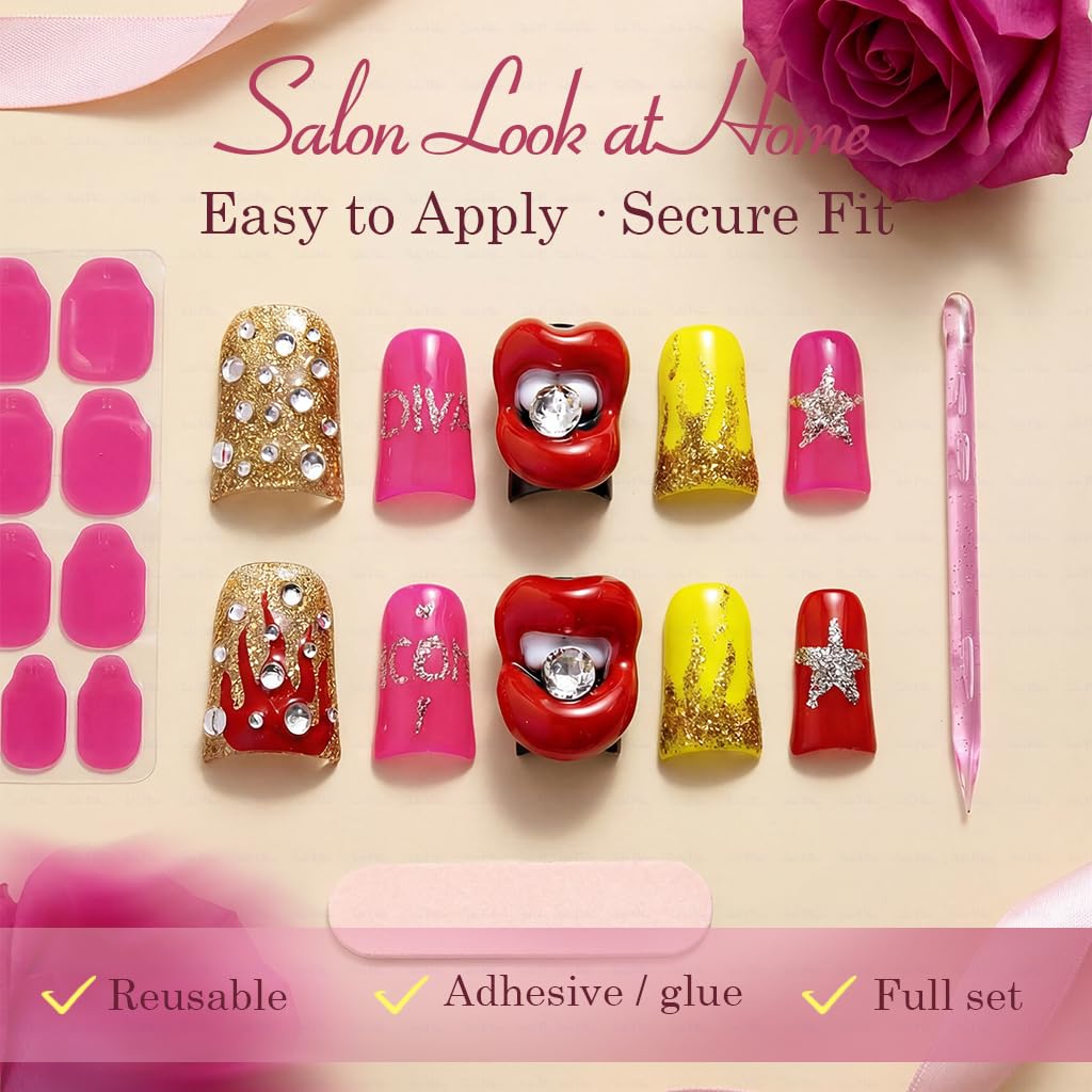 IntoVibes 10-Piece Luxury Acrylic Press On Nails – Short Duck Shape, Pink, Rhinestones, Reusable