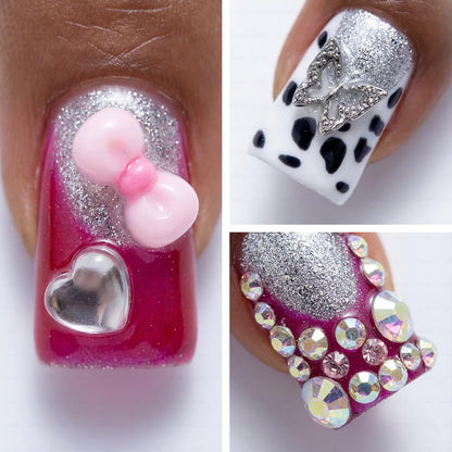 IntoVibes 10-Piece Luxury Acrylic Press On Nails – Short Duck Shape, Pink French Tips, 3D Hearts & Stars | Reusable