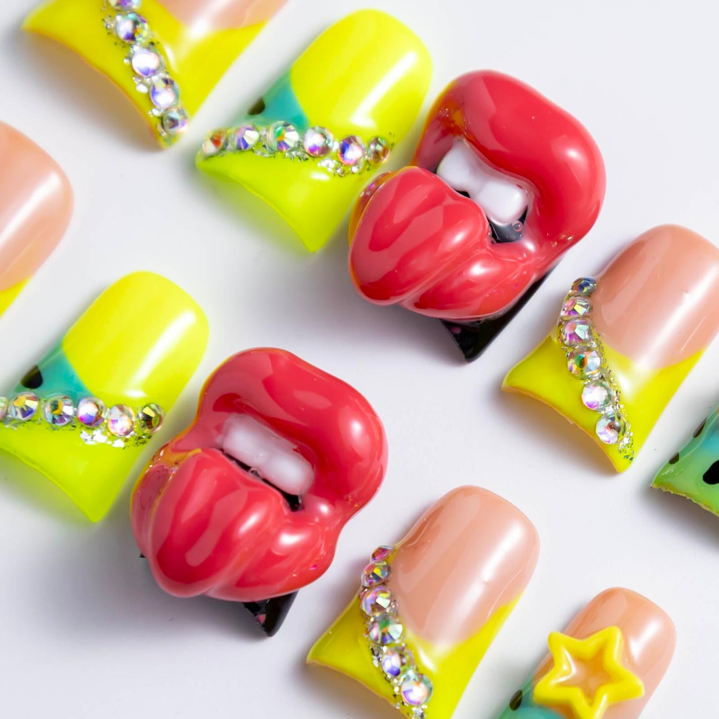IntoVibes 10 Pcs Luxury Acrylic Press On Nails – Short Duck Shape, Reusable, Rhinestones, Yellow Star & 3D Lips (L)