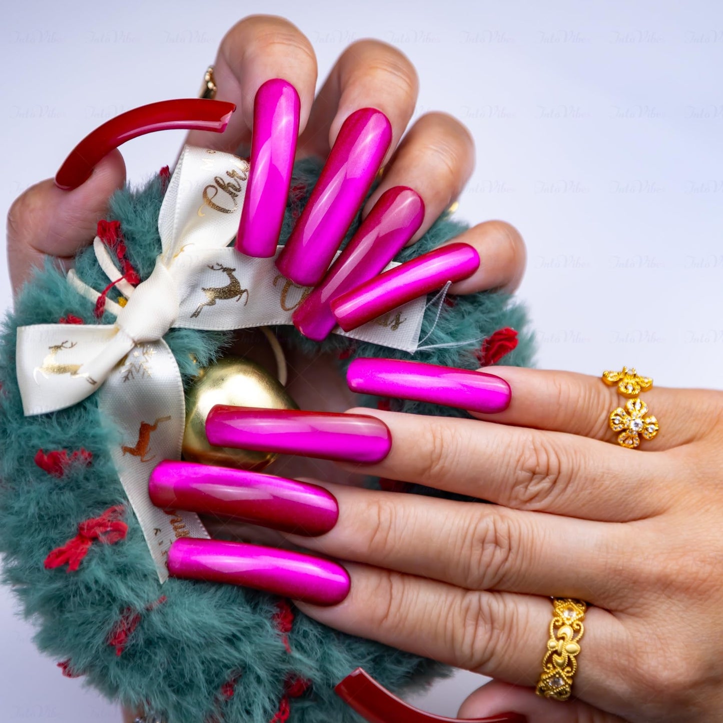 IntoVibes Purple Shimmer XL Press On Nails – Curved Down Groove, Metallic Plum, Reusable Fake Nail Tips, Salon-Quality for Special Occasions