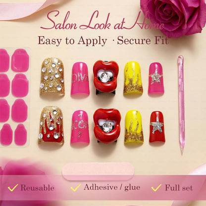 IntoVibes 10-Piece Luxury Acrylic Press-On Nails – Short Duck Shape, Pink, Rhinestones & 3D Lips, Reusable | Size L