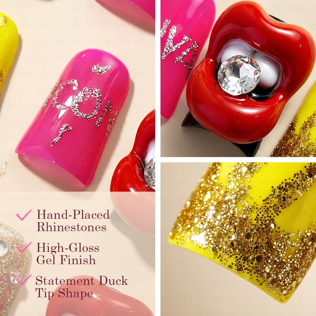 IntoVibes 10-Piece Luxury Acrylic Press On Nails – Short Duck Shape, Pink, Rhinestones, Reusable