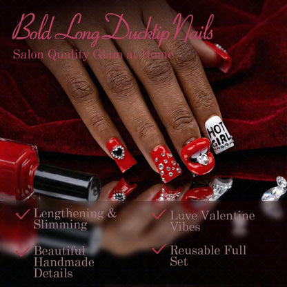 IntoVibes 10 Pcs Luxury Acrylic Press On Nails – Short Duck Shape, Red & Black Flames, Glitter Lips, Reusable Valentines Day Nails