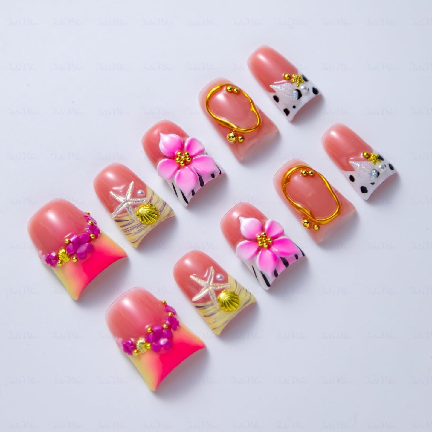 IntoVibes 10-Piece Luxury Acrylic Press On Nails – Short Duck Shape, Pink Finish, 3D Flowers & Shell Accents