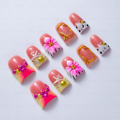 IntoVibes 10-Piece Luxury Acrylic Press On Nails – Short Duck Shape, Pink Finish, 3D Flowers & Shell Accents