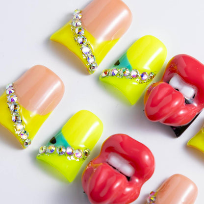 IntoVibes 10-Piece Luxury Acrylic Press-On Nails — Short Duck Shape, Rhinestones, 3D Red Lips, Reusable
