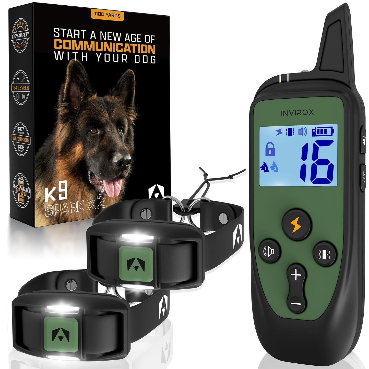 INVIROX Training Collar for Large Dogs X2 – 124 Levels, 1100yd Range, IP67 Waterproof