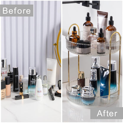 INVSSENE 360° Rotating Makeup Organizer — Large Capacity Two-Tier Vanity Storage, Clear
