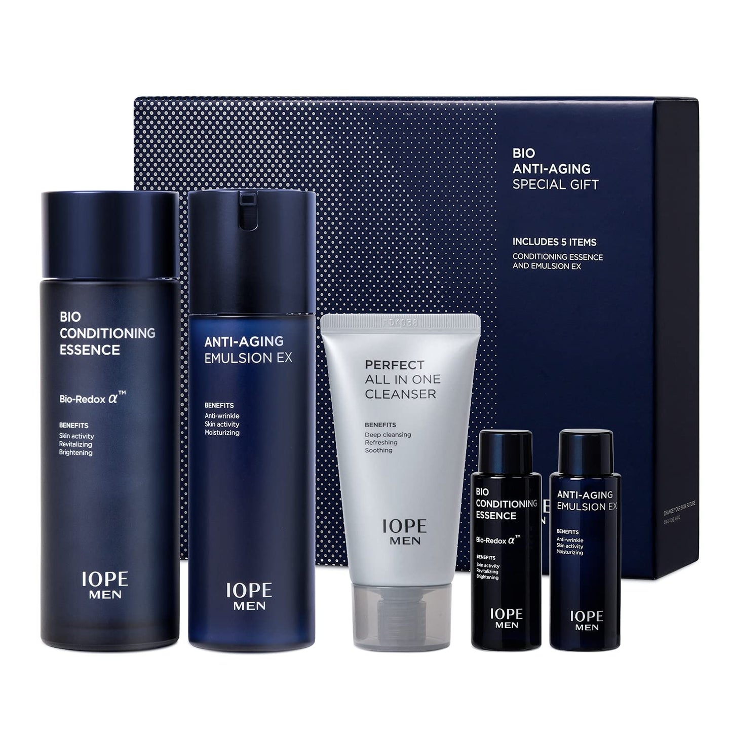 IOPE Men BIO Anti-aging & Moisturizing Skincare Set | Cleanser, Emulsion, Conditioning Essence Serum & Soothing Aftershave (HOMME by Amorepacific)
