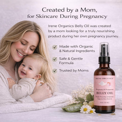 Irene Organics Organic Belly Oil for Pregnancy & Postpartum — Lightweight, Non-Greasy & Unscented