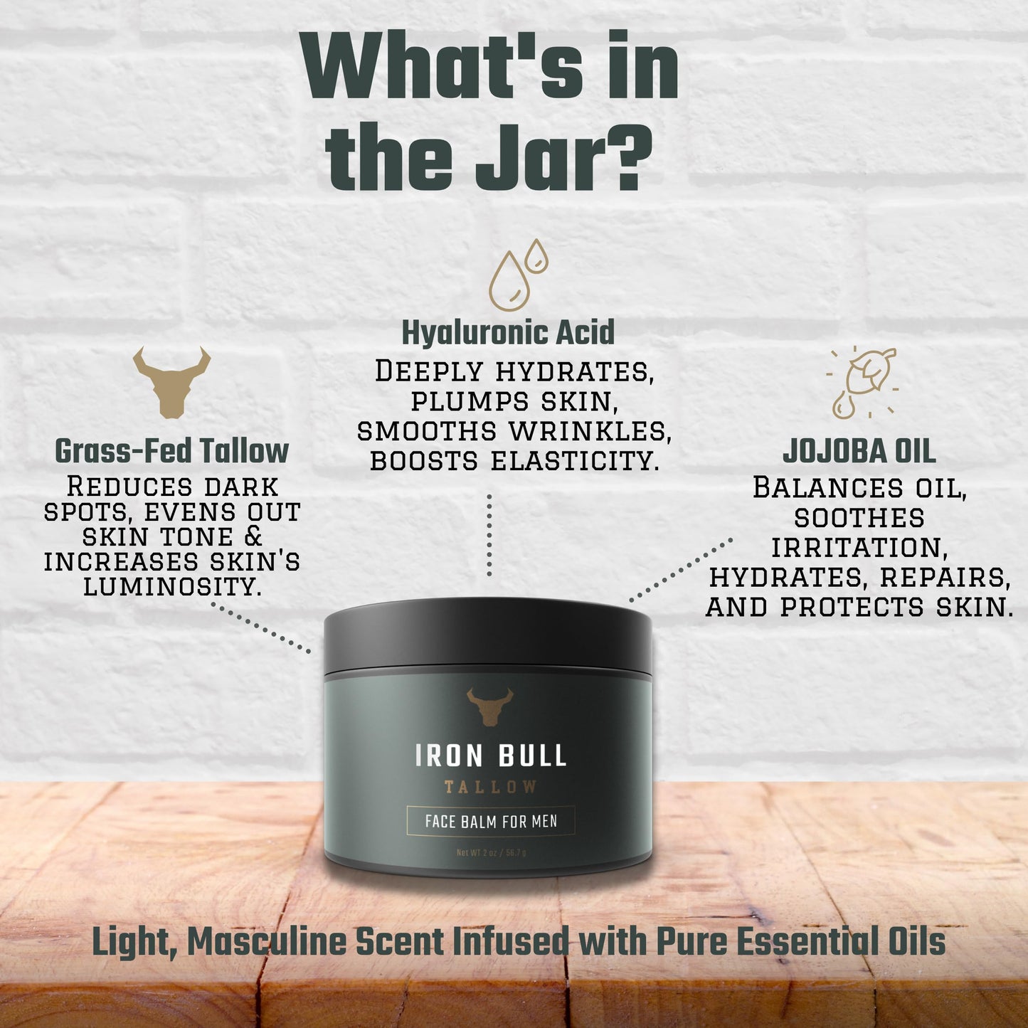 Iron Bull Beef Tallow Face Moisturizer for Men — Anti-Aging with Hyaluronic Acid, Grass-Fed Tallow & Jojoba Oil (2 oz)