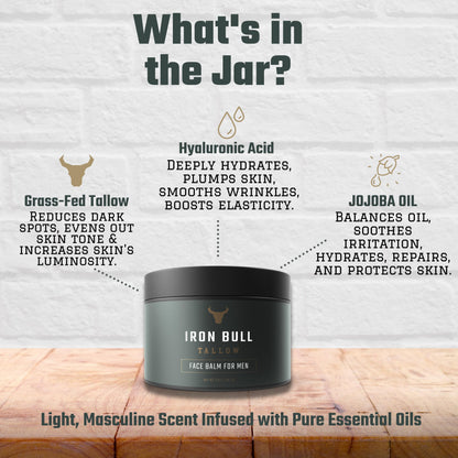 Iron Bull Beef Tallow Face Moisturizer for Men — Anti-Aging with Hyaluronic Acid, Grass-Fed Tallow & Jojoba Oil (2 oz)