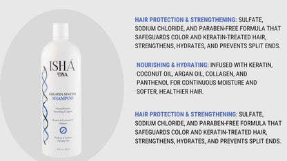 ISHA DNA Keratin Treatment System Shampoo - Sulfate & Paraben-Free, Coconut Oil Infused for All Hair Types (16 Fl oz)
