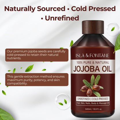 ISLA & FONTANE Jojoba Oil Set – 500ml, Pure Cold-Pressed, Hexane-Free, 2 Droppers + Massager