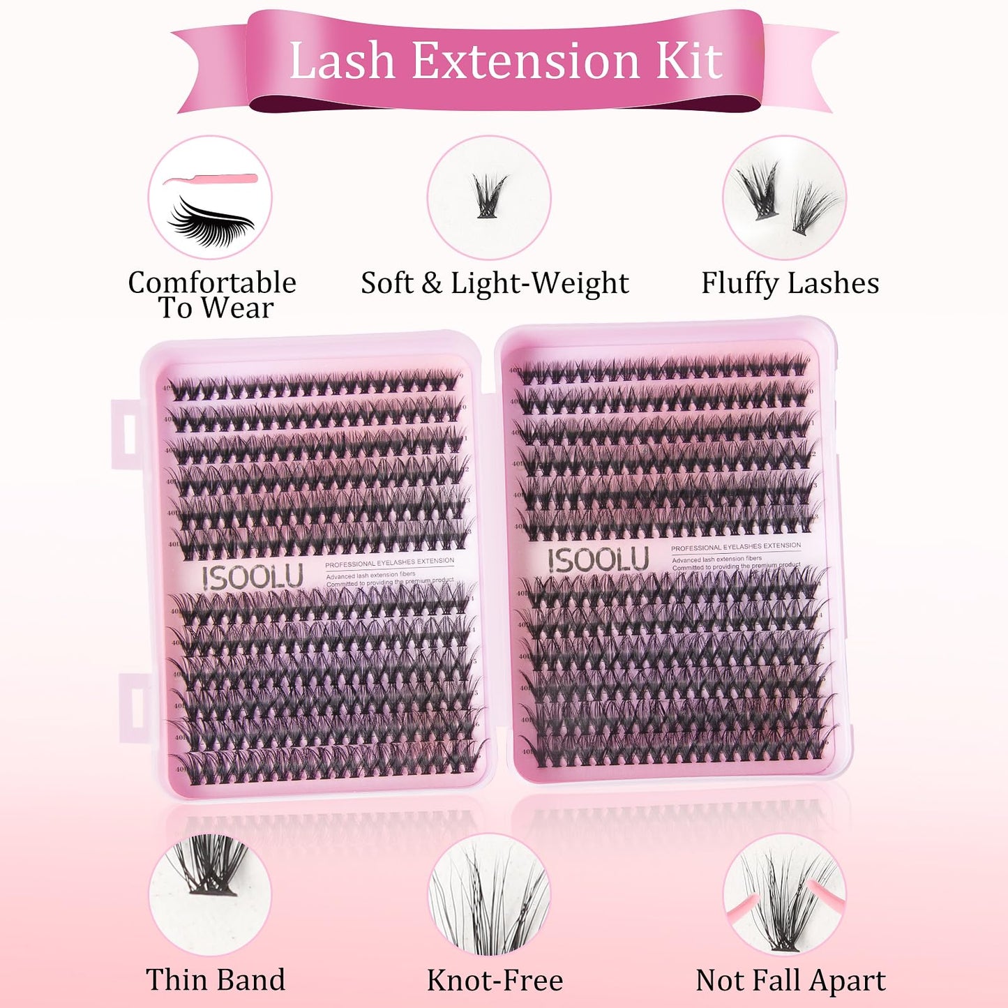 ISOOLU Fairy Lash Clusters Kit – 40D C Curl Wispy Lashes (9–16mm)