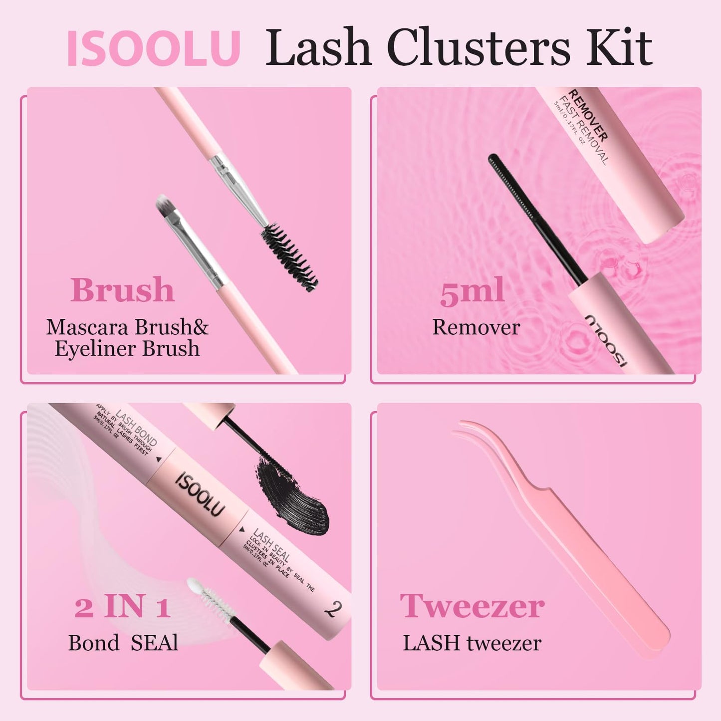 ISOOLU Fairy Lash Clusters Kit – DIY Lashes with Bond & Seal, 50D 9-16mm