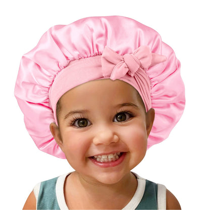 Isshin Beauty Satin Silk Bonnet for Kids – 2 Pack, Elastic Tie Band, No-Slip Fit (Black & Pink)