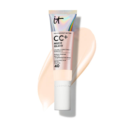IT Cosmetics CC+ Nude Glow (Fair Porcelain) – Medium Coverage Foundation with SPF 40, Brightening Serum
